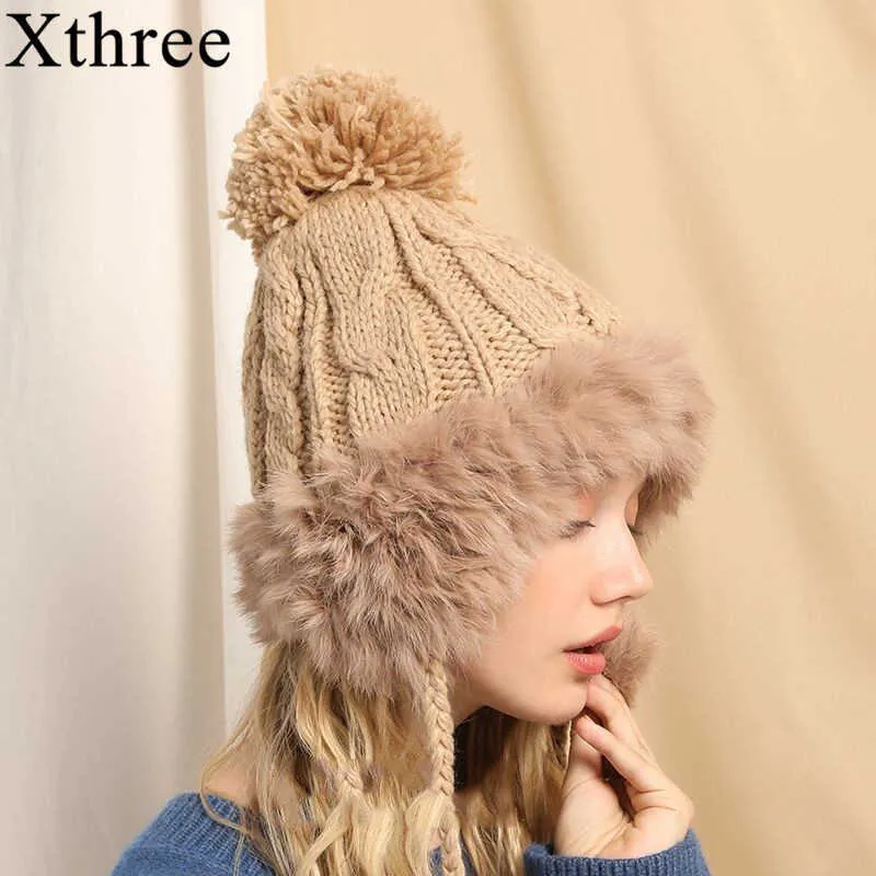 Xthree Dzianiny Zimowe Klapy Uszne Kaps Kobiety Rabbit Fur Bombowiec Kapelusz Flap Kapelusz Casual Winter Trapper Kapelusze Kobiet Rosyjski Czapki G0923