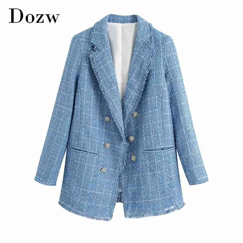 Moda Office Wear Blue Tweed Blazer Kobiety Elegancka Podwójna Kurtka Płaszcz Dorywczo Kieszenie z długim rękawem Znosić 210515