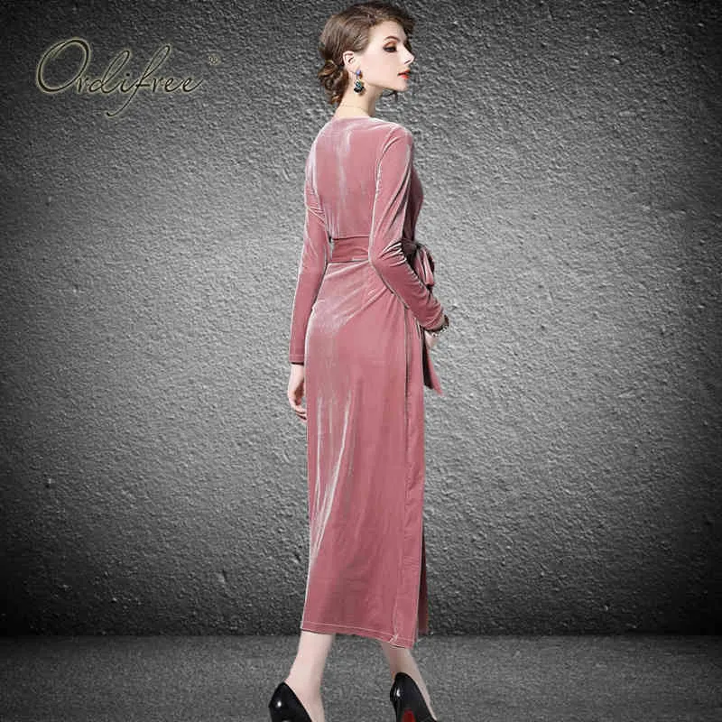 Vintage Women Autumn Sleeve Elegant Party with Belt Runway Retro Pink Sexy Maxi Long Velvet Dress 210415