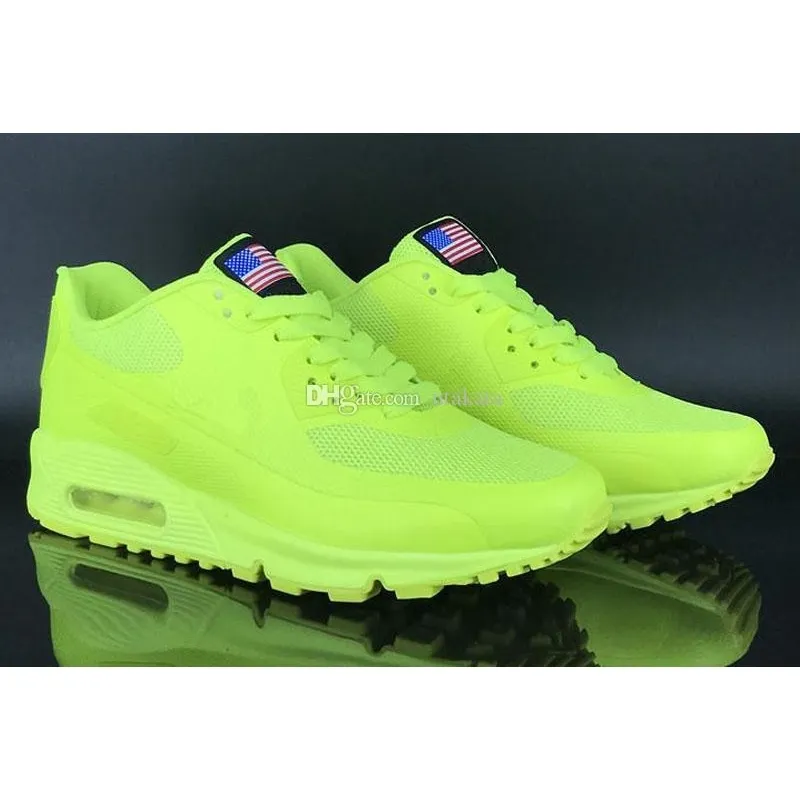 2019 Classic Cushion USA Flag Day Fluorescence Green Hyperfus Running Shoes Top quality Women Men Sports Sneakers Shoes Size 36-46