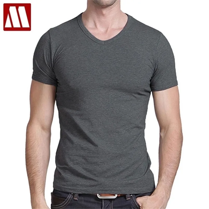 T-Shirt Herren Casual Kurzarm T-Shirts mit V-Ausschnitt Solide Sommer Baumwolle Schwarz / Grau Grün MYDBSH 210716