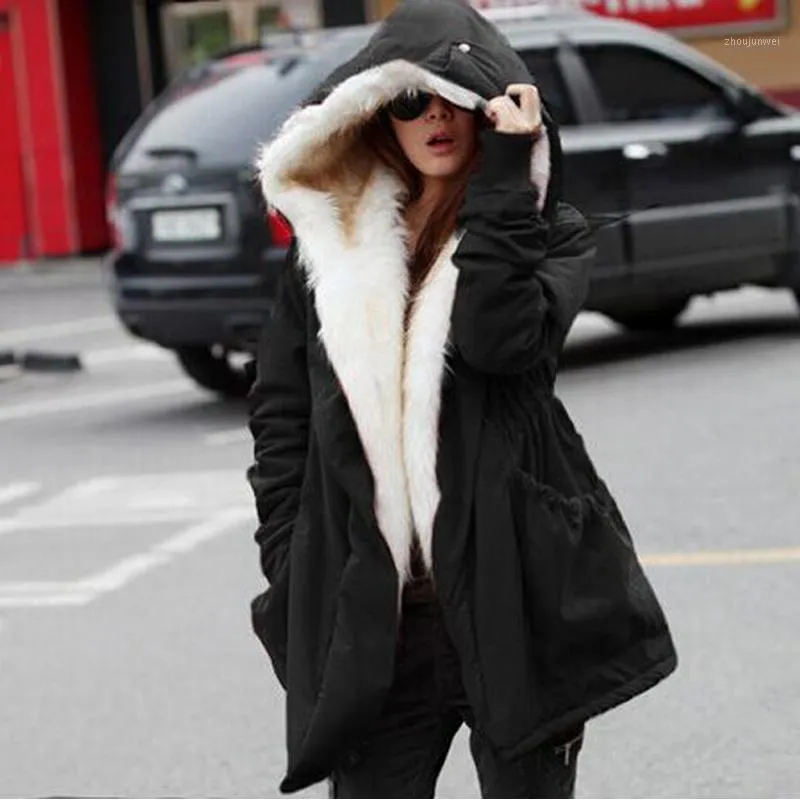 도매 - 2021 도착 겨울 여성 긴 소매 플러스 벨벳 아래로 자켓 4 색 면화 Loosethick 따뜻한 코트 부드러운 모피 칼라