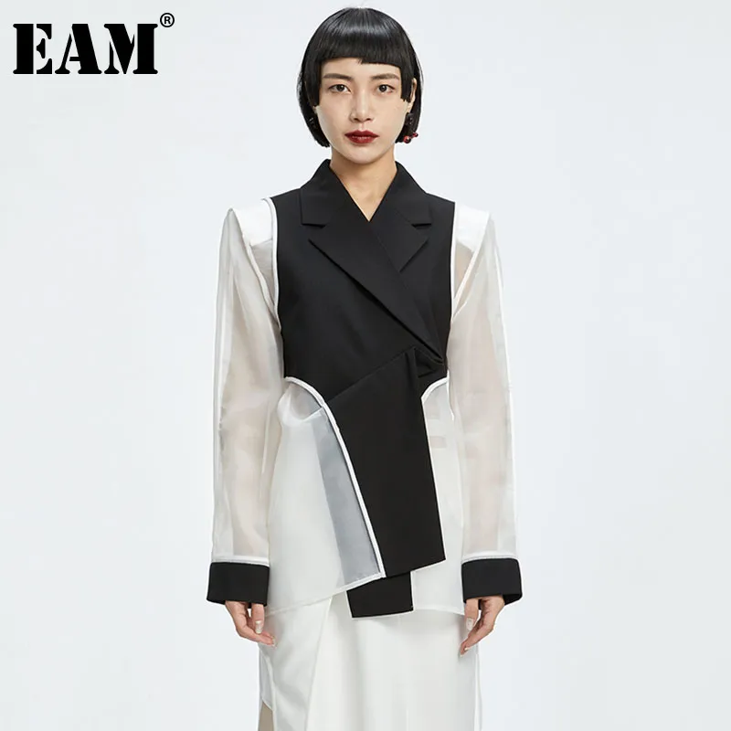 [EAM]女性黒スプライスメッシュ非対称ブレザーラペル長袖ルースフィットジャケットファッションスプリングサマー1DD7295 21512