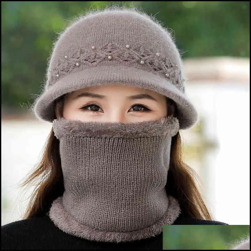 Women Winter Hat Keep Warm Cap Hat & Scarf Set Fashion Hats For Women Casual Rabbit Fur Outdoor Knitted Bucket Hat 211228