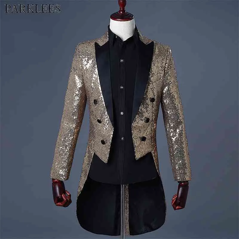 Shiny Gold Sequin Glitter Embellished Tuxedo Suits Men Brand Nightclub DJ Blazer Jacket Men Stage Clothes for Singers 210522