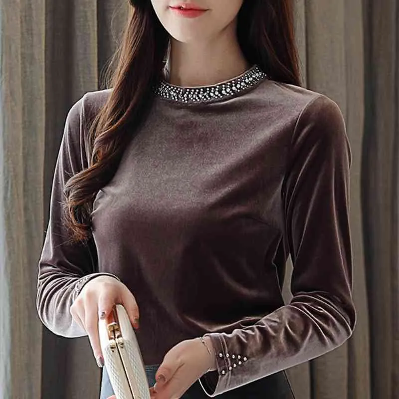 Blouses Woman Long Sleeve Blouse Women Tops Beading O-neck Winter Velour Blouse Plus Size Tops Womens Tops And Blouses B691 210426