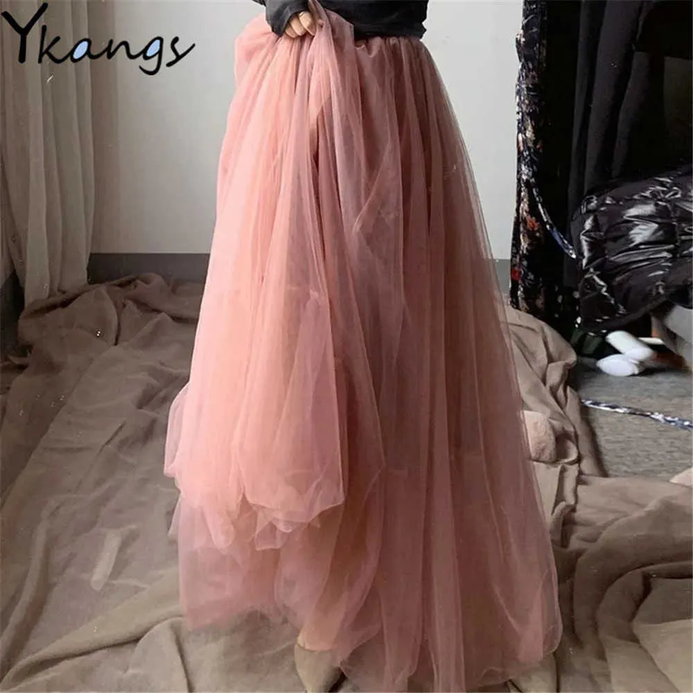 Plus size maxi long tulle saia mulheres cintura alta bola vestido saias verão cintura elástica adulto tutu saias jupe longupe femme 210619