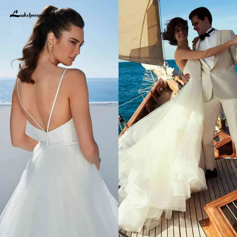 Lakshmigown Flowy White Bridal Robe Beach Dress Spaghett Strap Summer 2021 Sexy Ruffles Tulle Wedding Gowns Plunging