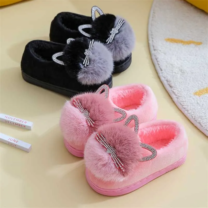 Kids Slippers Winter Children Cotton Shoes Winter Warm Pink Furry Rabbit Ears Pattern Non-slip Baby Girl Slippers Kids Shoe 211119