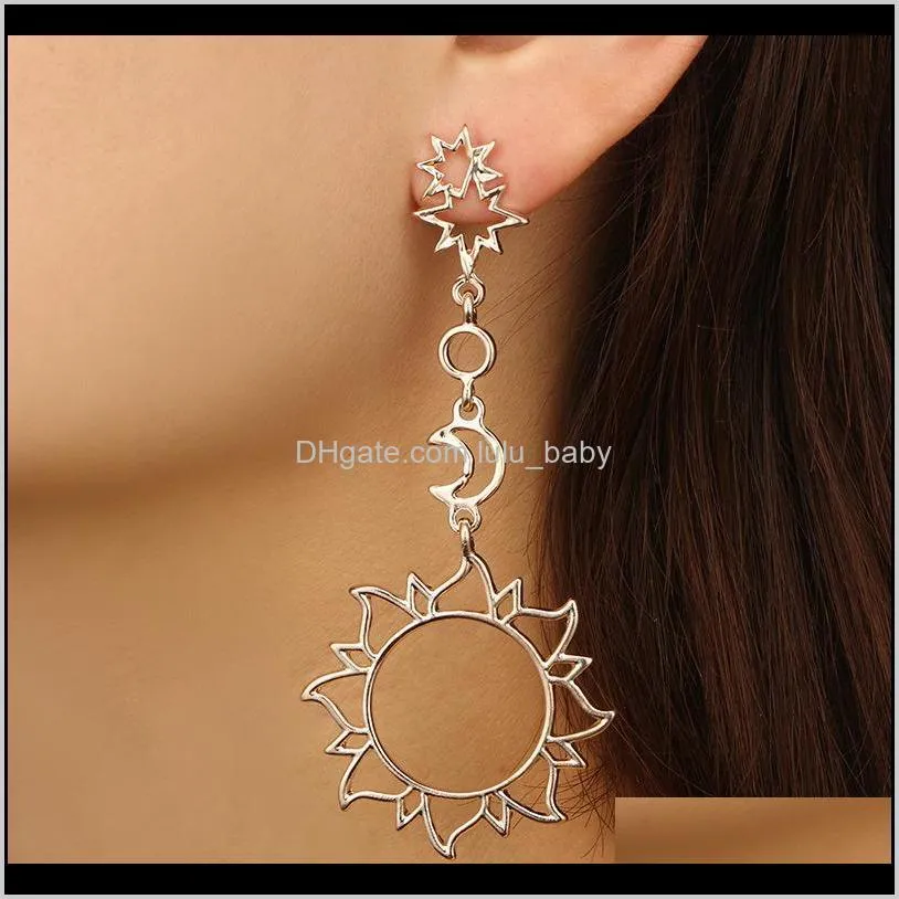 Unique Design Geometric Earrings for women Vintage Fashion Hollow Pentagram Moon Alloy Asymmetric Sun Long Earrings girl`s gift