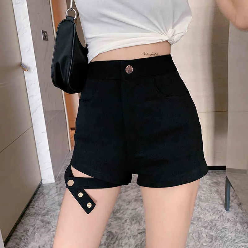 Lucyever Mode Bouton Split Shorts Femmes Noir Gothique Slim Fit Jeans Femme avec Poche Courte Streetwear Clubwear Dames 210521