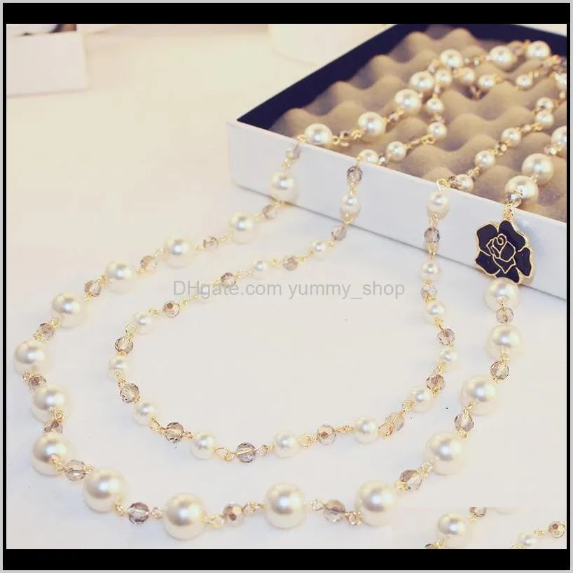 luxury jewelry women designer necklace full pearl necklace with flower double sweater chains elegant long necklaces for girl gift