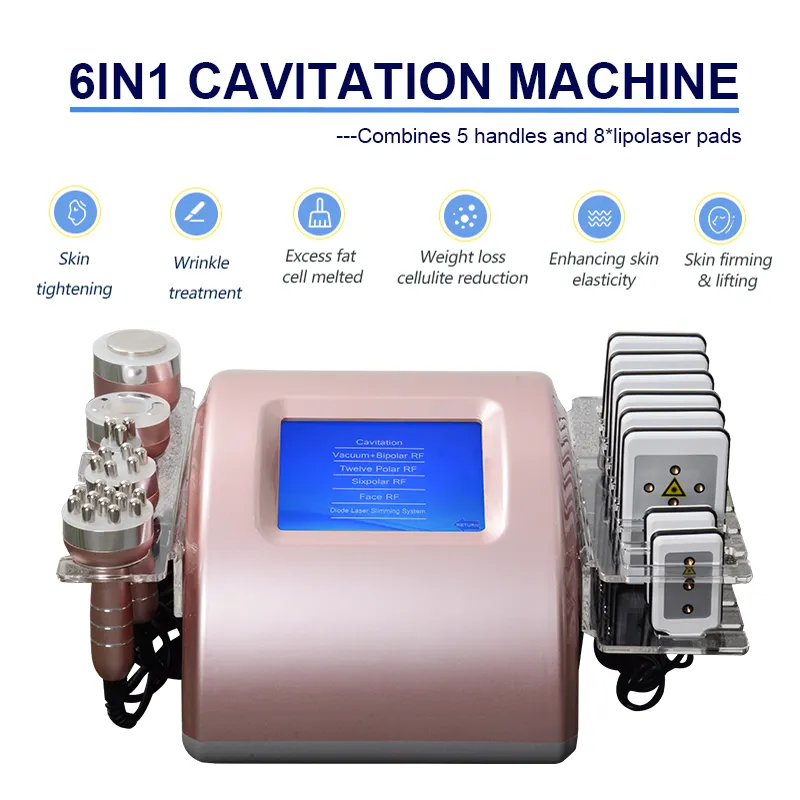 Bantmaskin multifunktionell 6 i 1 ultraljud kavitation radiofrekvens rf vakuum kropp cellulit smala maskiner till salu