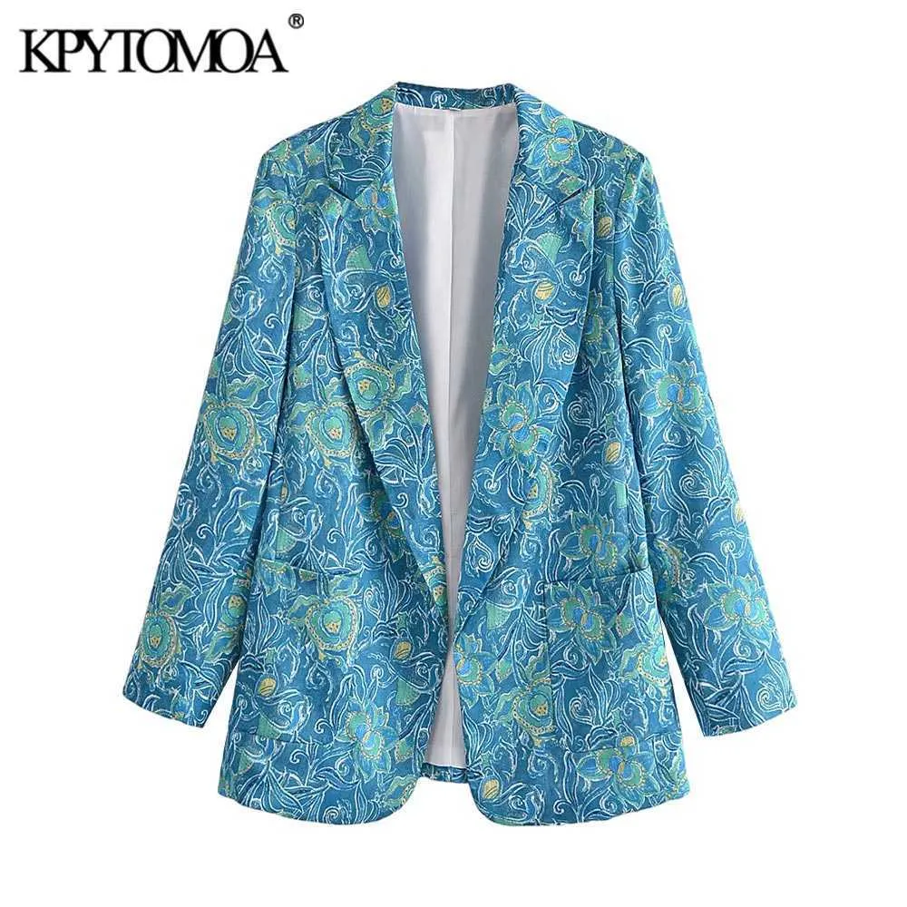 KPYTOMOA Frauen Mode Totem Print Open Blazer Mantel Vintage Langarm Patch Taschen Weibliche Oberbekleidung Chic Veste Femme 210930