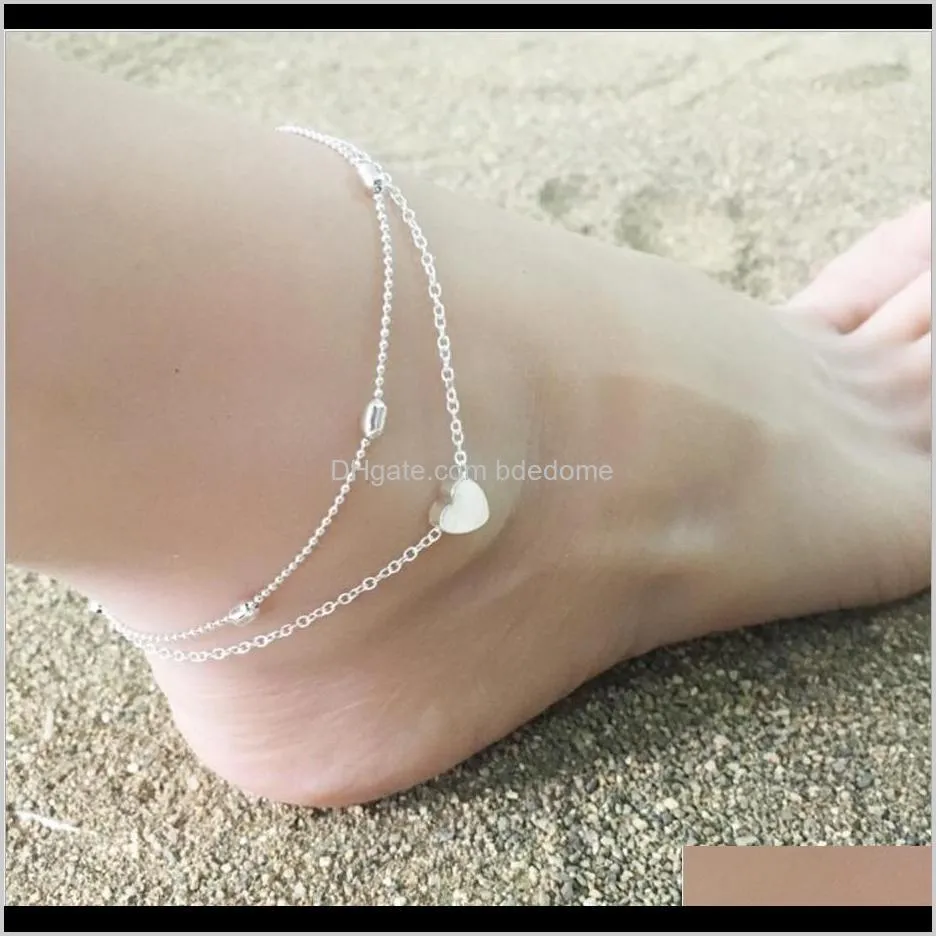 anklet set 2pcs/bag heart charm bead chain gold and silver plated metal chain women foot anklet gift