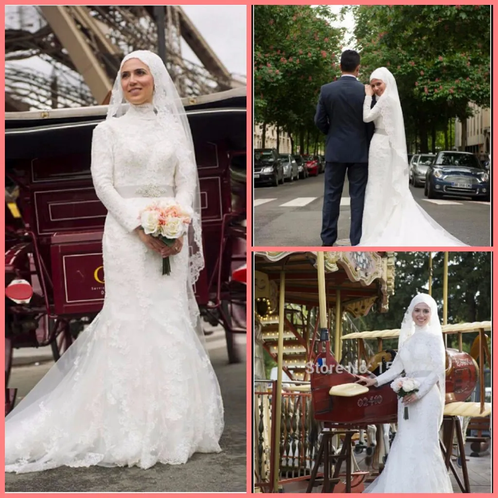 Long Sleeve High Neck Muslim Wedding Dress Beaded Lace appliques Modest Mermaid Saudi Arabia Bridal Dresses With Full Sleeves vintage court train bride gowns
