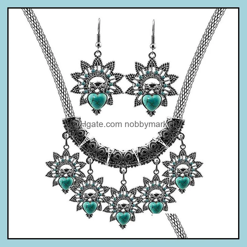 Vintage turquoise statement necklaces earring sets For women Jewelry turquoise owl Pendant necklace Dangle & Chandelier earrings Hot