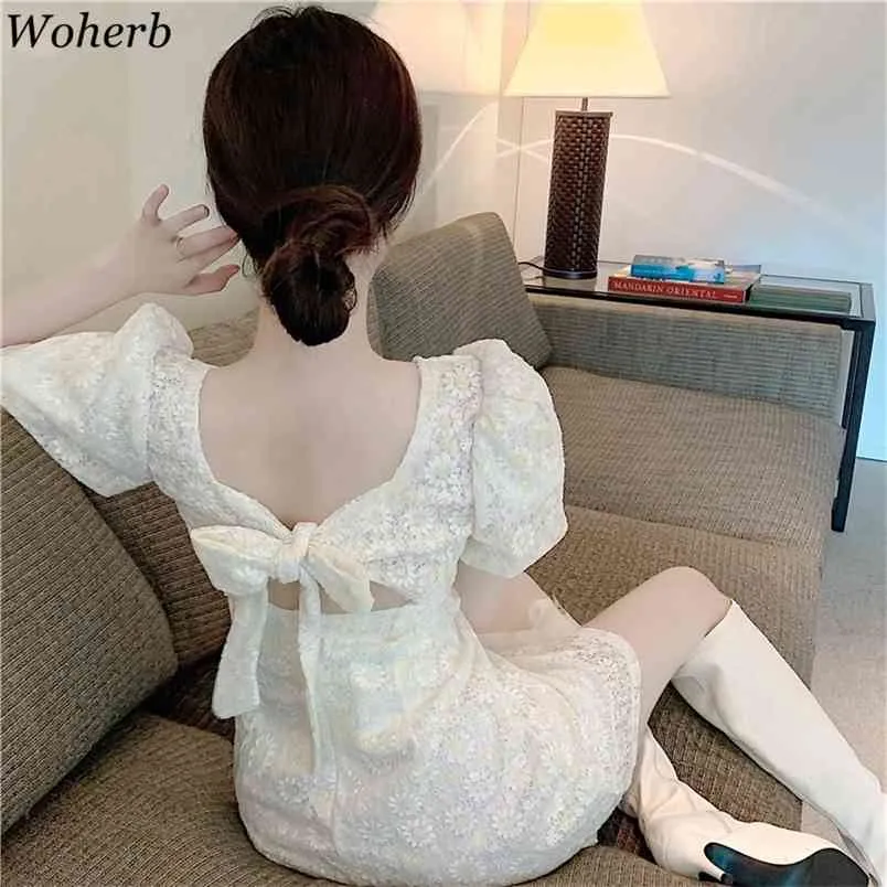 Sweet A-Line Doll Dress Корейский слойки с длинным рукавом квадратный воротник Платья пружины Причинные твердые женщины Vestidos Mujer 210519