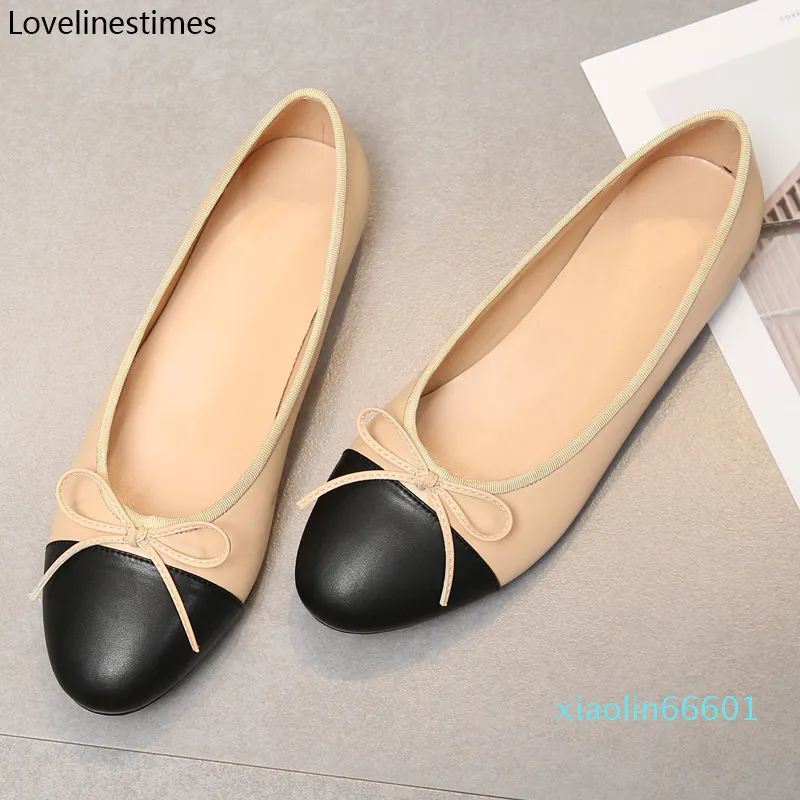 Fashion-Ballet Flats Shoes Women Basic Leather Tweed Cloth Two Color Splice Bow Round Ballet Shoe Fashion Flats Women Shoes
