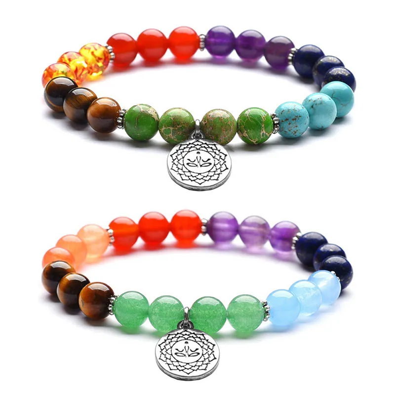 Natural Stone Colorful Energy Stone Bracelet For Women Seven Chakras Yoga Bracelet Tiger Eye Stone OM Lotus Bracelet