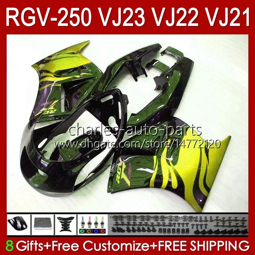 Kropps kit för SUZUKI RGVT RGV 250 CC Golden Flames RGV250 SAPC VJ23 Cowling RGV-250CC RVG250 250CC 97 98 Bodywork 107HC.182 RGVT-250 VJ 23 RGV-250 Panel 1997 1998 Fairings