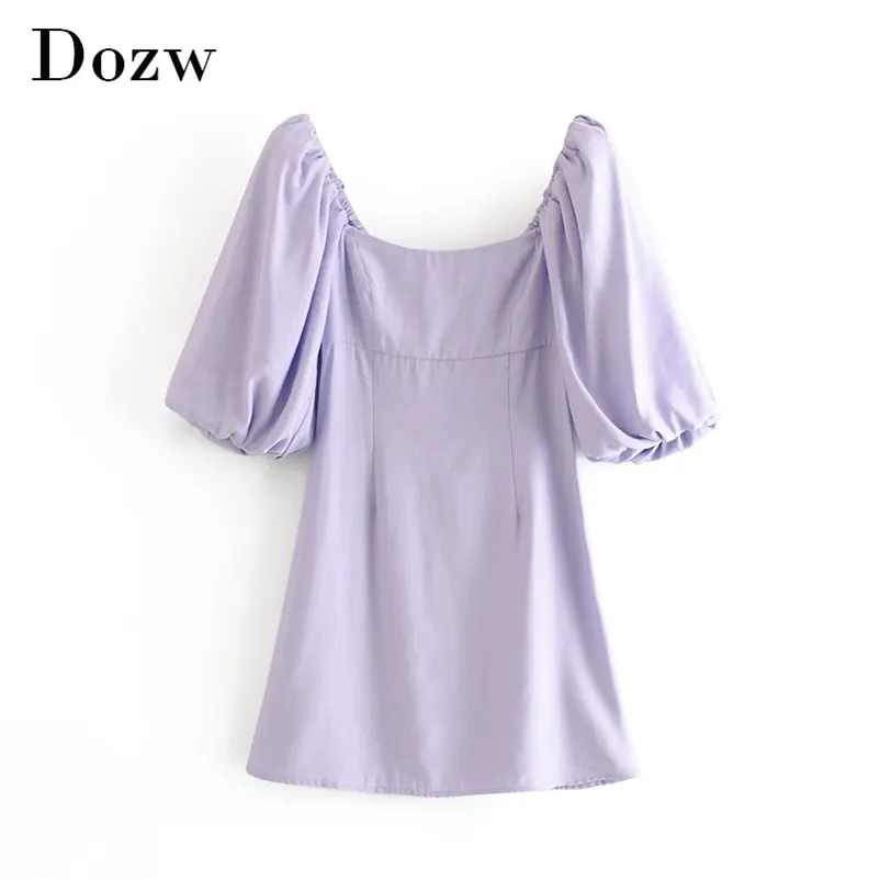 Purple Color A Line Dress Women Puff Short Sleeve Chic Mini Backless Square Collar Holiday Female Ropa Mujer 210515