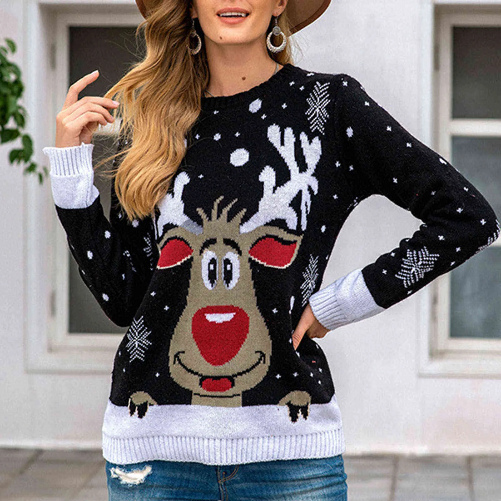 Women Ugly Christmas Sweater Deer Print Warm Knitted Long Sleeve Sweater Jumper Tops O Neck Casual Blouse Christmas Day Sweater Y1118 From 21 1 DHgate