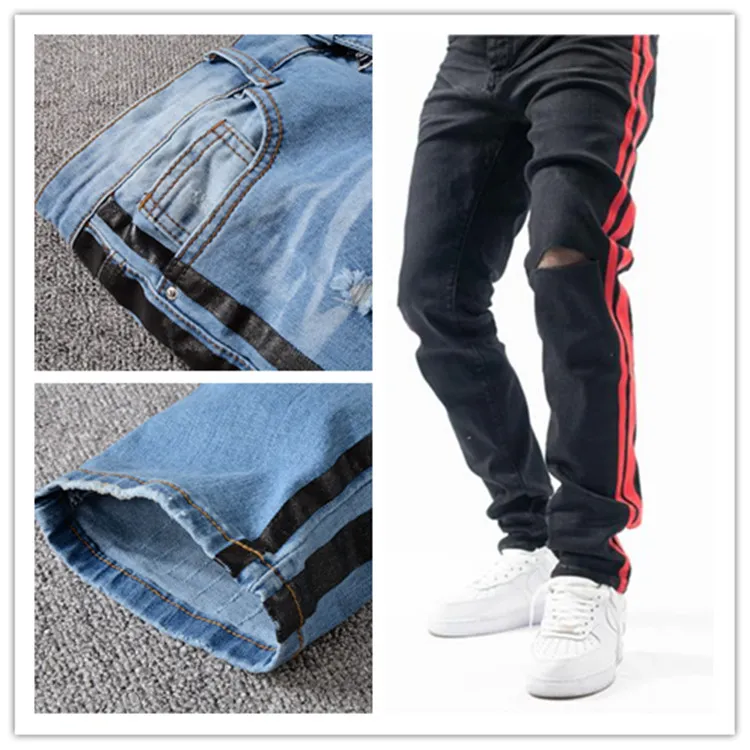 Designer Jeans Fransk Stripe Style Byxor Slim-Ben Motorcykel Biker Denim Mäns Mode Design Hop Mens Jean s Toppkvalitet Storlek 29-40