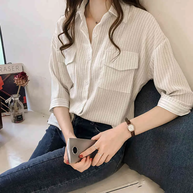 Lucyever Fashion Striped Turndown Collar Shirts Women Summer Casual Loose Short Shirts Woman Korean Office Style Lady Tops 210521