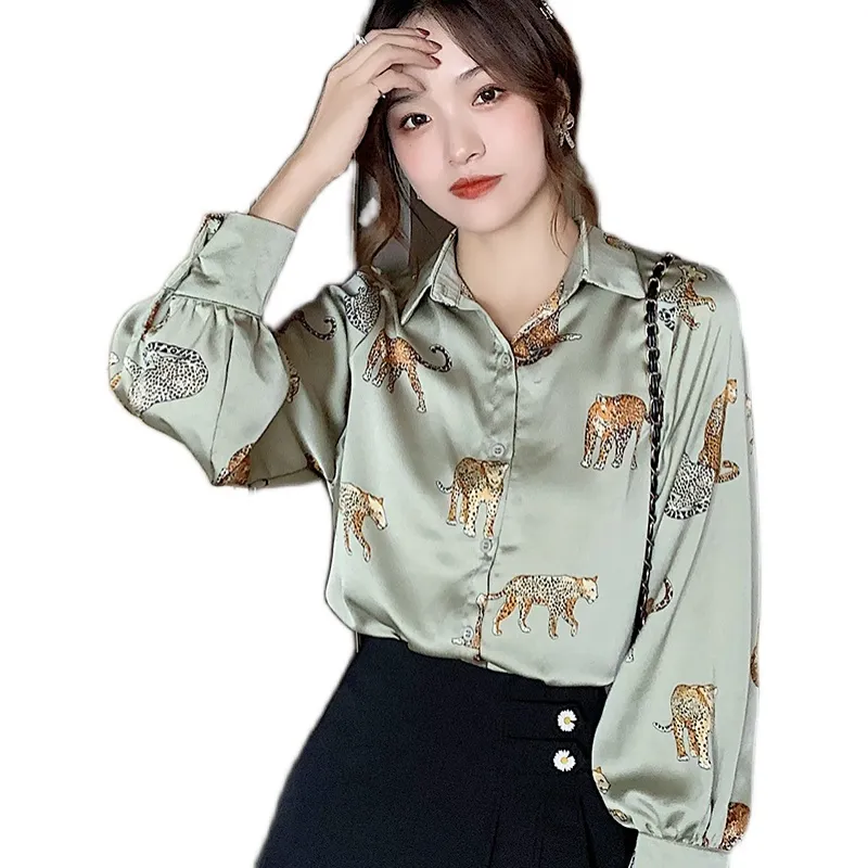 Leopardスタイリッシュなシャツの女性が襟のオフィスのファッションの女性のブラウス長袖プラスサイズの女性トップスBlusa Feminina 300g 210420