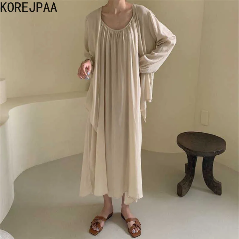 Korejpaa Mulheres Conjuntos Verão Coreano Chic Senhoras French Simples Leaky Clavicle Dobra Sling Dress Solta Sunscreen Camisa Ternos 210526