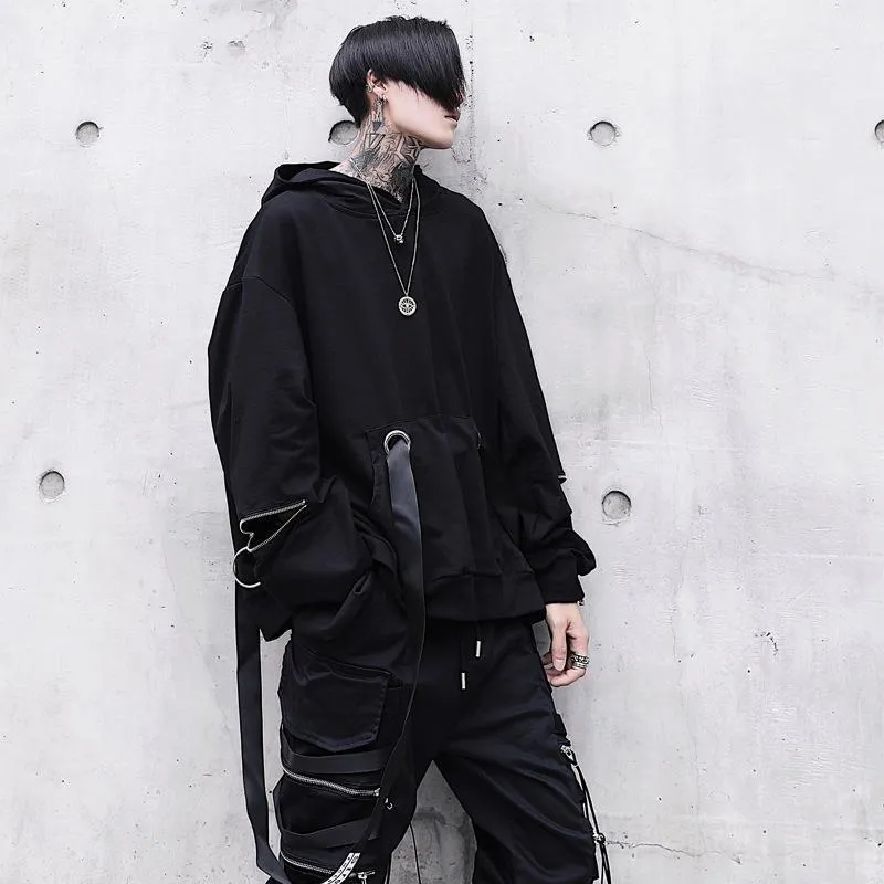 Men's Hoodies & Sweatshirts Unique Black Hooded Oversized Ribbon Fashion Male Hip Hop Streetwear Baggy Techwear Pullover Tops Man