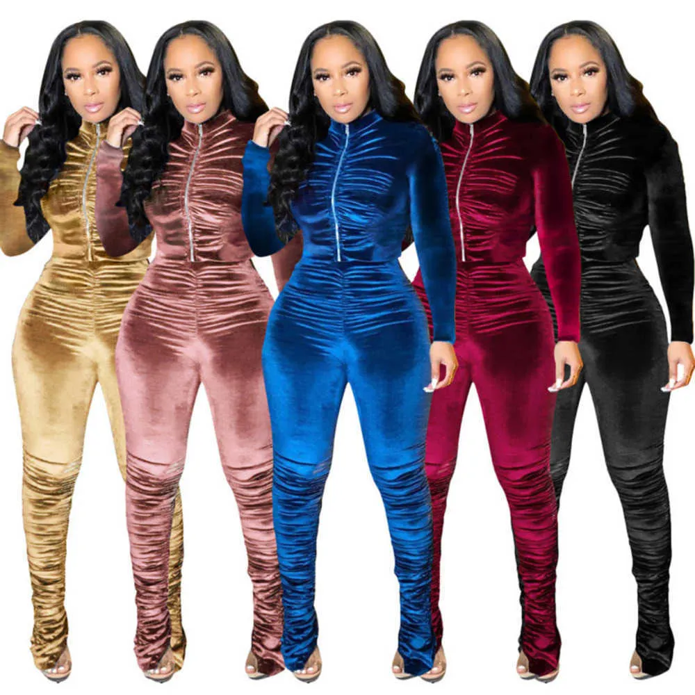 Women Tracksuit 2 Piece Set Fashion Korean Velvet Pleated Long Sleeve Coat Pants Outfits Lady Casual Solid Zipper Cardigan Trousure Suits Jk