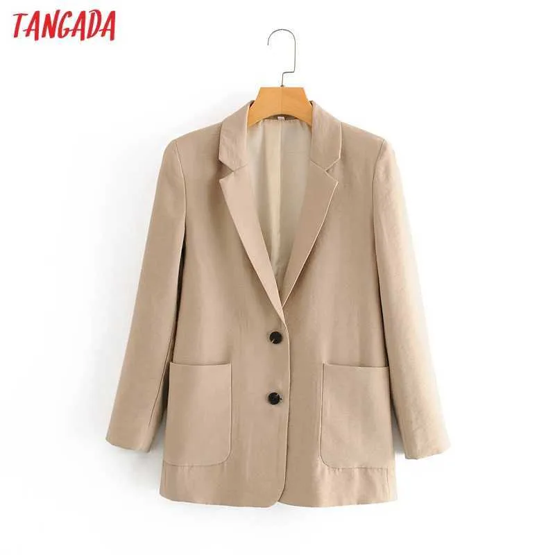 Tangada Vrouwen Solid Khaki Blazer Jas Vintage Gekleed Kraag Lange Mouwen Mode Vrouwelijke High Street Chic Tops Da122 210609