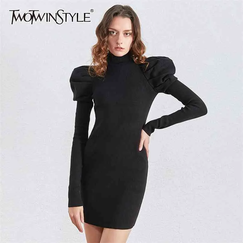 Ruché tricot femmes robes col roulé bouffée à manches longues mince robe pull pour femme vêtements mode 210520