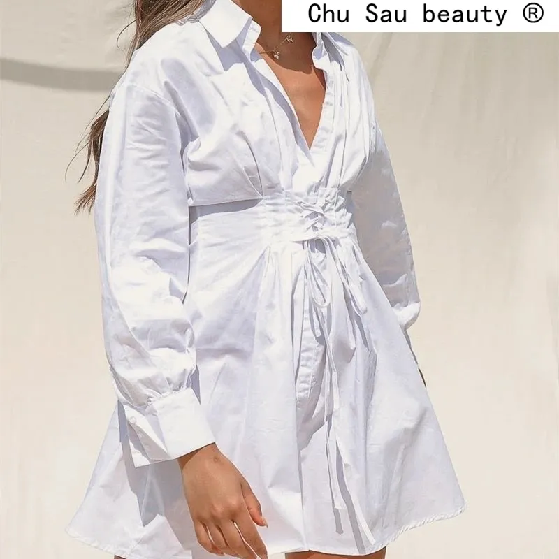 Moda Casual Chic White Mini Dress Kobiety Streetwear Styl Z Długim Rękawem Sexy Głębokie Dekolt Suknie Kobiet Vestido de Moda 210508