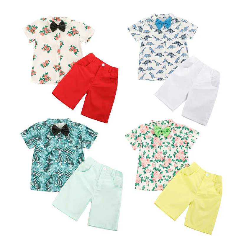 FOCUSNORM 2-7Y été Gentleman infantile bébé garçons vêtements ensembles fleurs imprimer à manches courtes chemises noeud papillon Shorts X0802