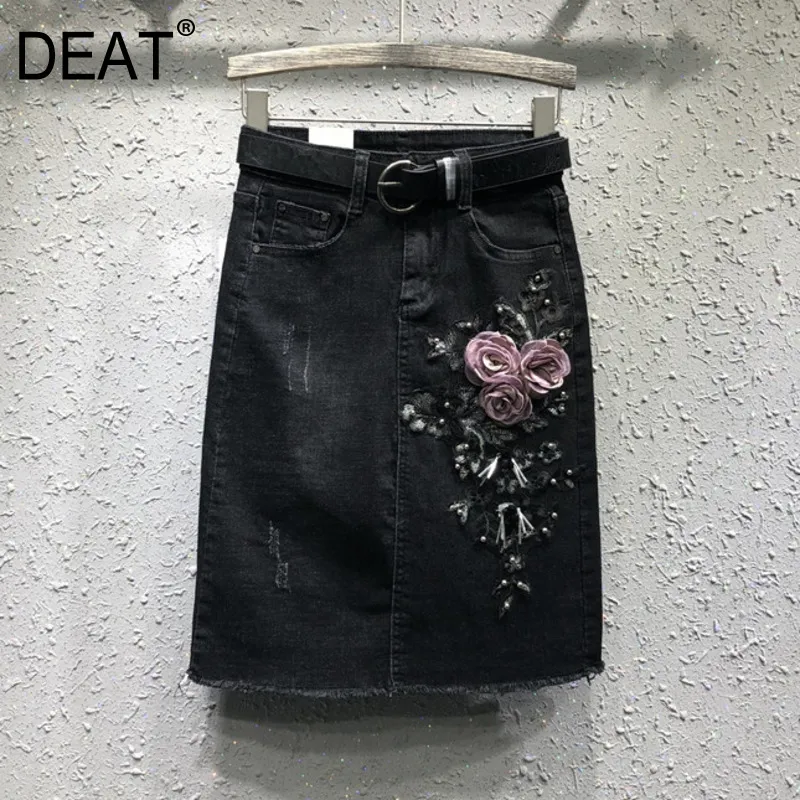 Deat Denim Half Mid Skirtの女性黒分割股関節1段スタイル膝の上の新しいファッション潮の潮夏GD872 210428