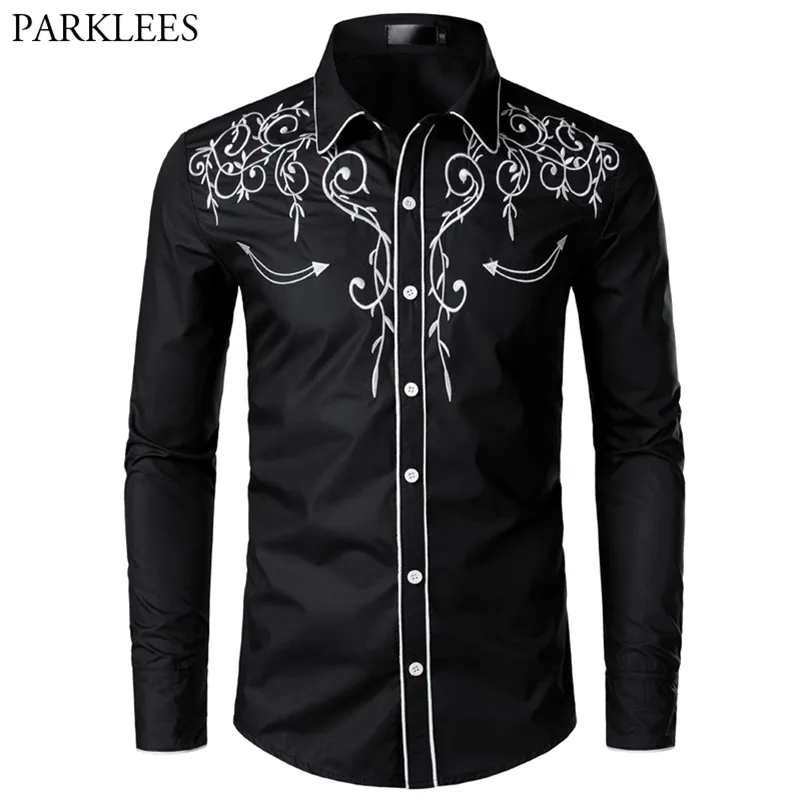 Stilig västra cowboyskjorta män märke design broderi smal passform casual långärmad tröjor mens bröllopsfest skjorta för man 210705