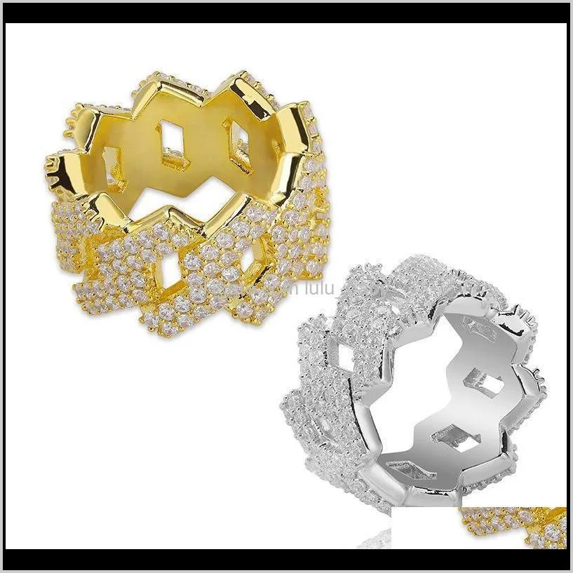 Zespół biżuterii Dostawa 2021 Mężczyźni modne pierścienie diamentów złotą sliver kolor najwyższej jakości bling lód na zewnątrz Cz Hip Hop punk pierścień kubański łańcuch linku df