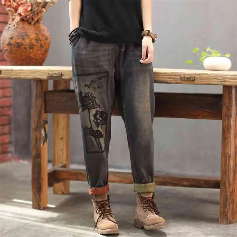 Frühling Kunst Stil Frauen Vintage Stickerei Lose Jeans Elastische Taille Casual Baumwolle Denim Harem Hosen Hohe Qualität V240 210512