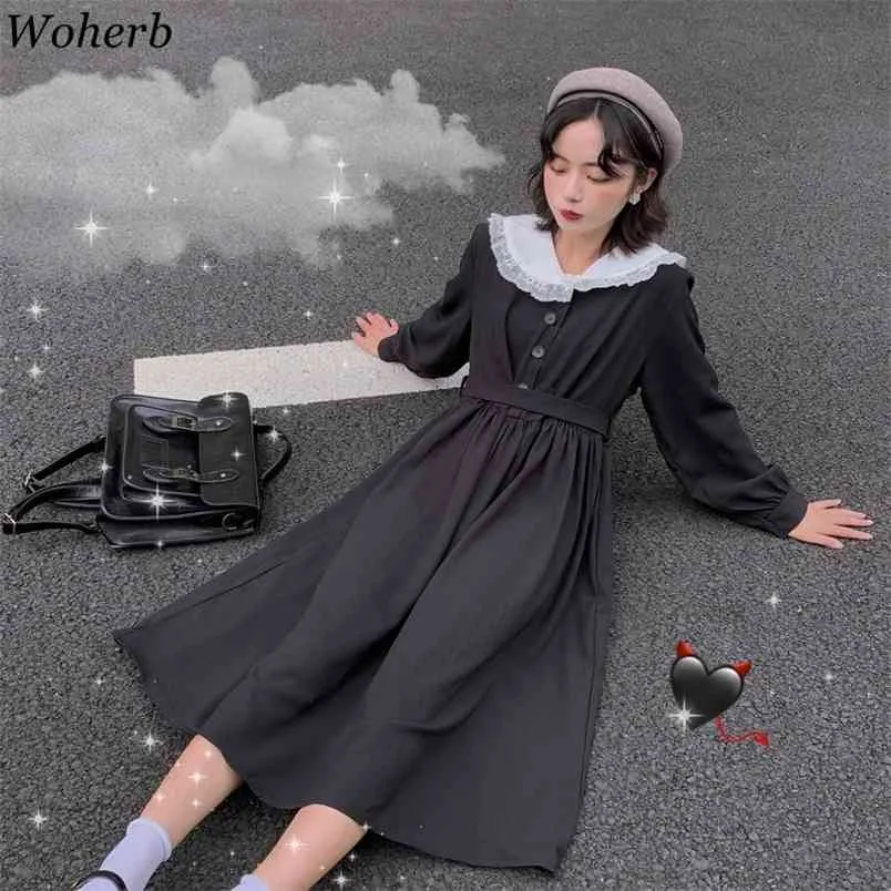 Vestido de moda preto coreano vintage magro cintura manga comprida vestidos mulheres peter pan colar lace up vestidos 25383 210519