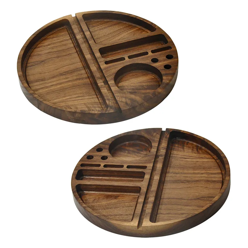 Round Shape Natural Wooden Rolling Tray Walnut Smoking Accessories With Groove Diameter 218 MM Tobacco Roll Trays Cigarette