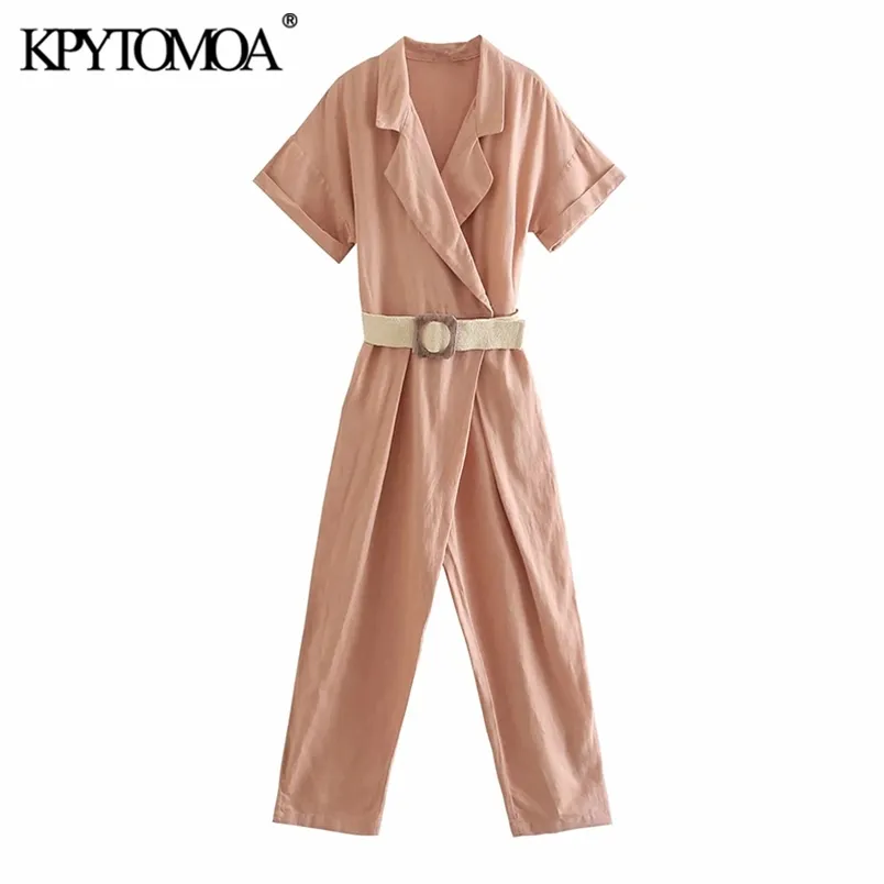 Women Chic Fashion With Belt Linen Jumpsuit Short Sleeve Side Pockets Female Playsuits Mujer 210420