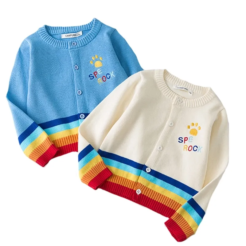 1-7Yrs Rainbow Embroidery Knitted Sweater Cotton Child Autumn Cardigan Baby Boys Warm Sweaters Girls Kids Clothes 210417