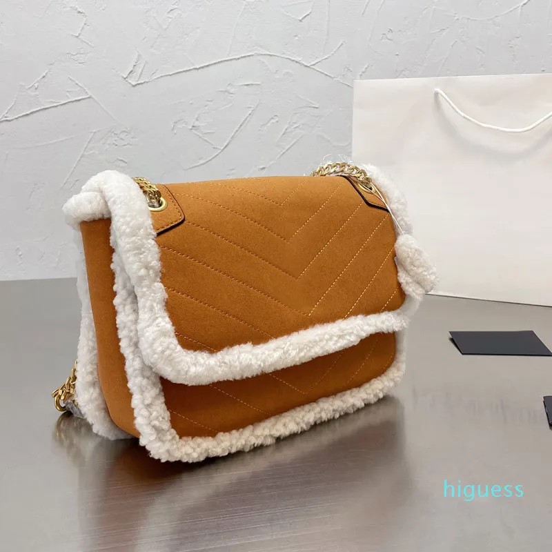 Tasarımcı-Klasik Kadınlar Zincir Çanta Postacı Omuz Crossbody Çanta Kuzu Saç Dana Çanta Lady Cüzdan Flap Messenger Çanta Çanta