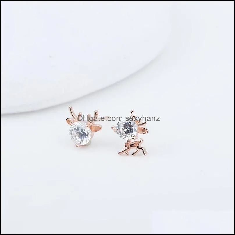 Other XiaoJing 100% 925 Sterling Silverrose Gold Asymmetric Cute Elk Stud Earrings For Women Small Earring Fine Jewelry