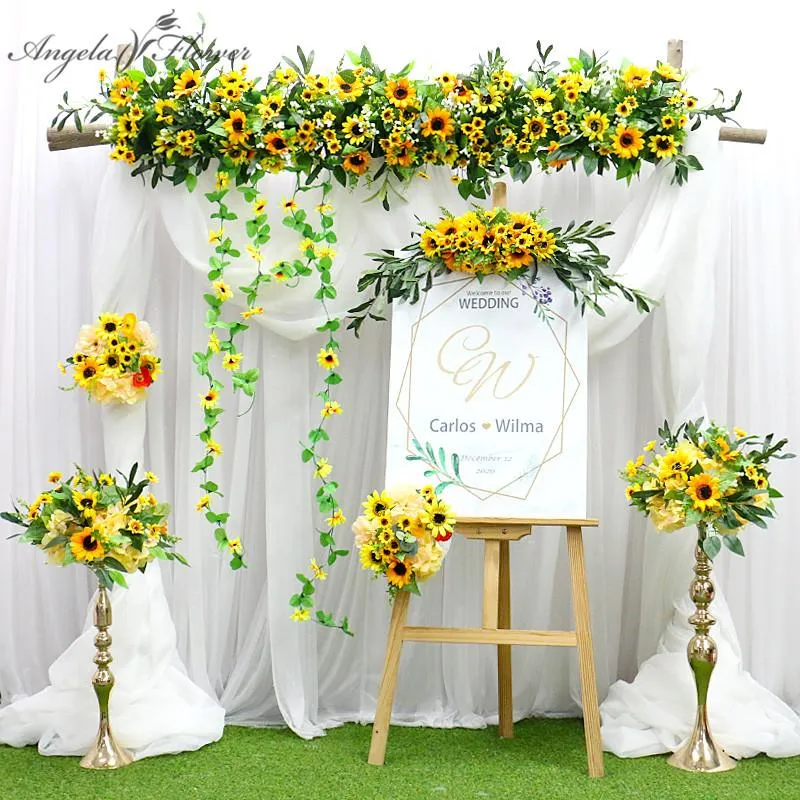 Flores decorativas grinaldas de girassol personalizado Amarelo Artificial Flower Flower Table Table peça central de casamentos Decoração de decoração co
