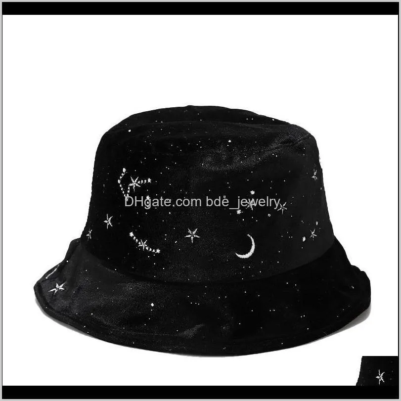 Wide Brim Hats Caps Hats, Scarves & Gloves Fashion Aessoriesautumn Winter Flannel Fisherman Cap Women Embroidery Star Moon Retro Black Basin