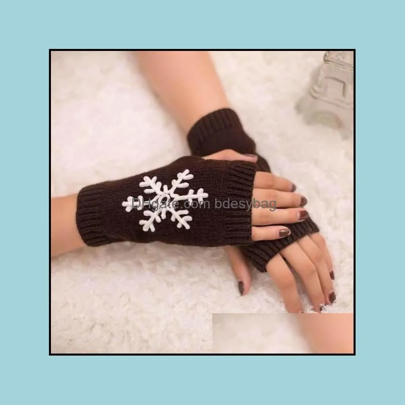 Women Stylish Snowflake Print Hand Warmer Winter Gloves Arm Crochet Knitting Faux Wool Mitten Warm Fingerless Glove